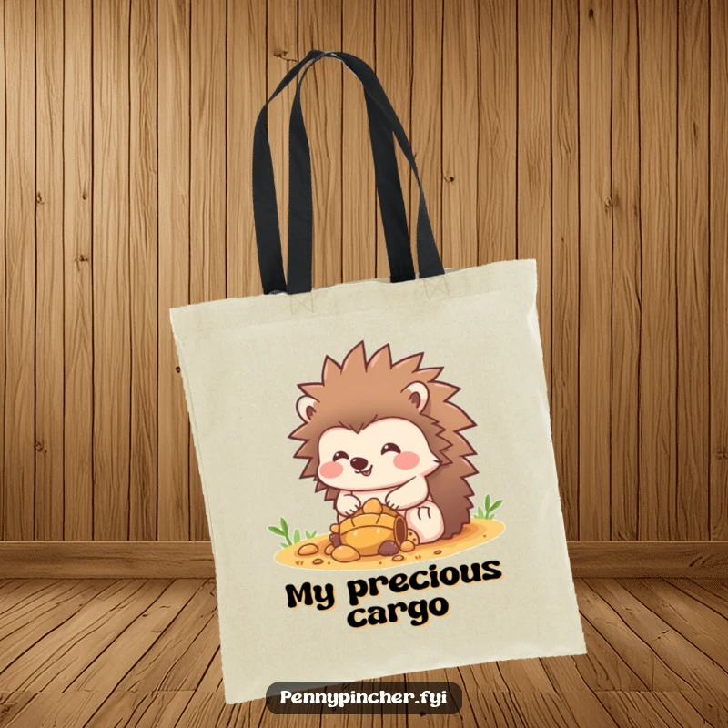 Funny Hedgehog Tote Bag: A happy hedgehog character protectively watches over a hoard of shiny treasure, full of glee. Ideal funny gift!