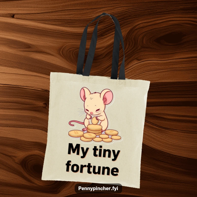 Funny tote bag featuring a tiny mouse character carefully counting a single coin, ideal for everyday use.