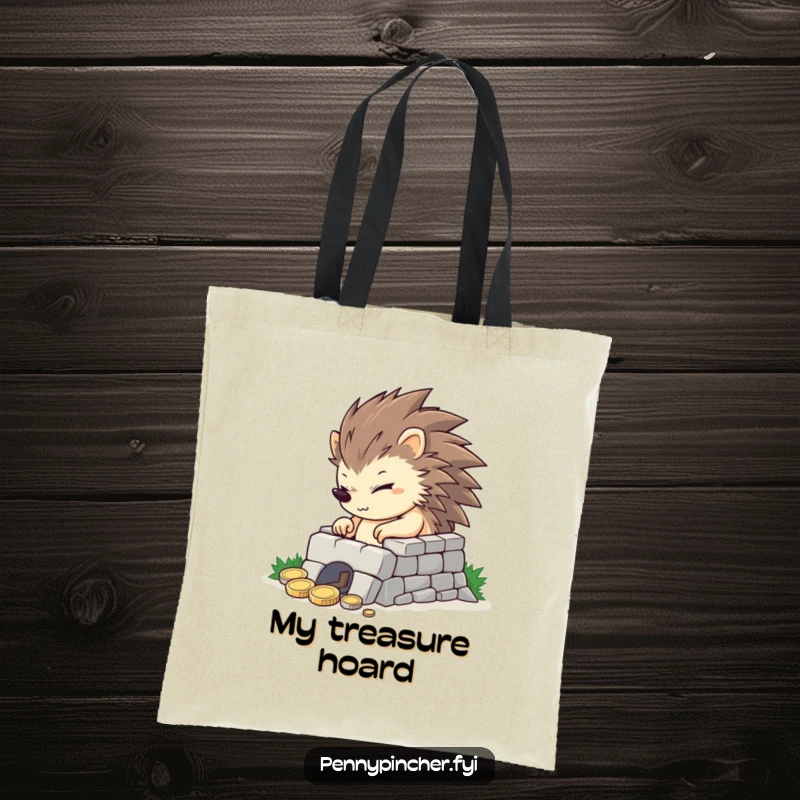 Funny determined hedgehog building a tiny coin fortress, a humorous tote for carrying essentials and dreams.
